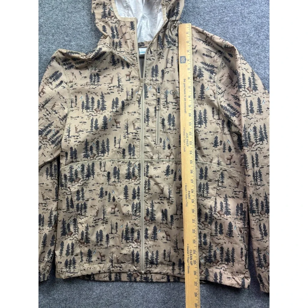 Columbia Hooded Windbreaker Mens Medium Tan Forest Deer Print Full Zip Jacket